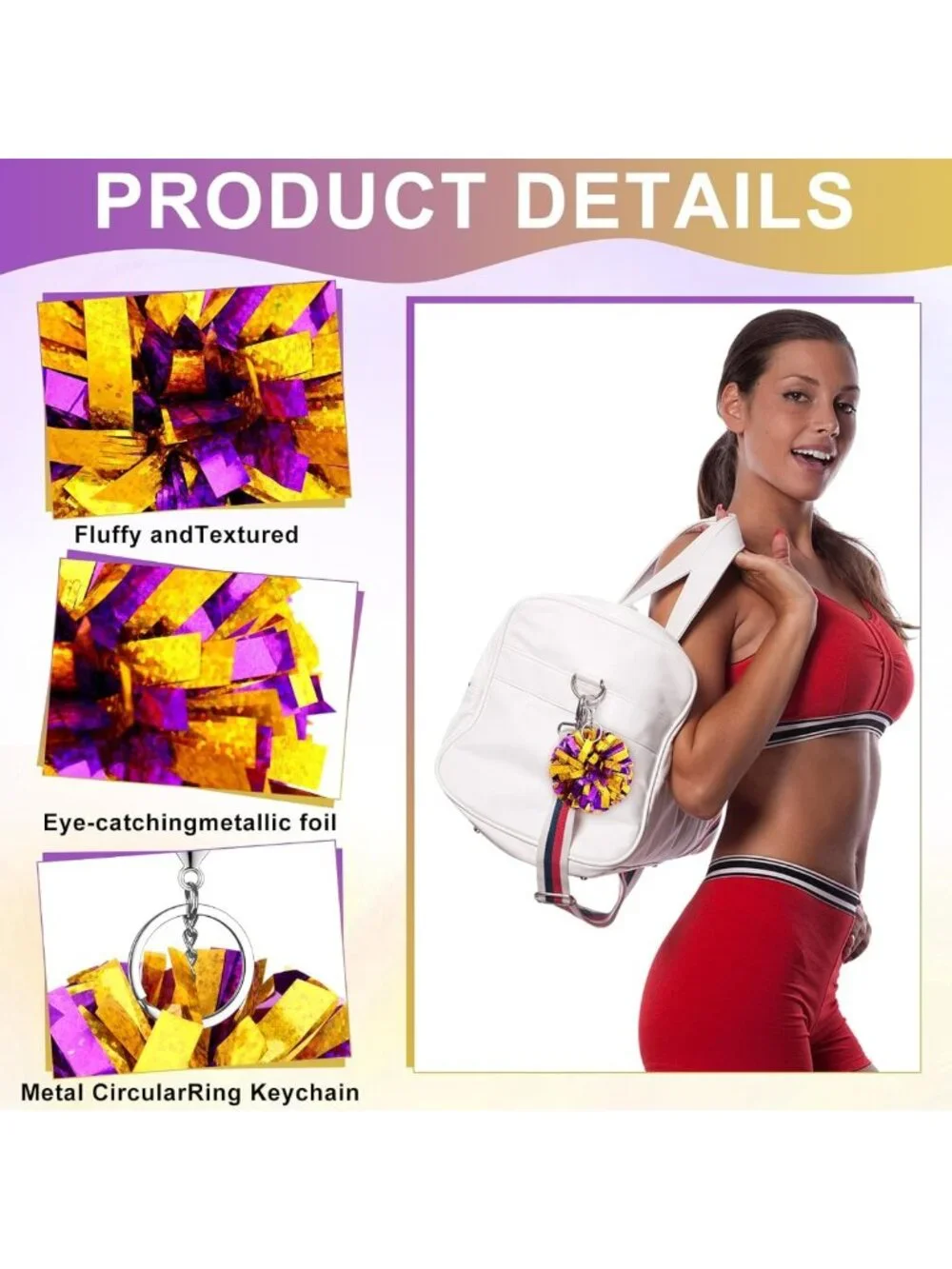 Cheerleader Pom Pom Keychain Set - 24 Colorful Foil Keyrings for Cheer Gifts